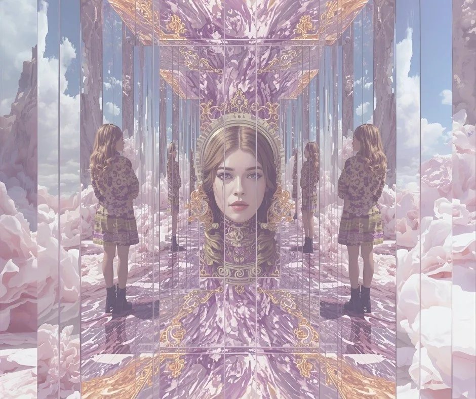 Vrouw in spiegelpaleis met surrealistische bloemen en gouden details, symbool voor de buitenste matrix, innerlijke spiegels en spirituele bevrijding.