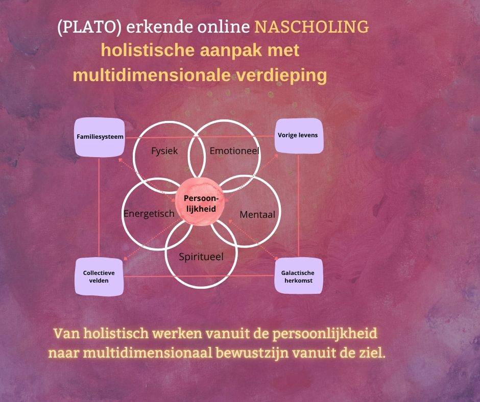 PLATO erkende online nascholing: Holistische aanpak met multidimensionale verdieping. De persoonlijkheidslagen (fysiek, emotioneel, mentaal, spiritueel, energetisch) en bewustzijnsvelden van de ziel: familiesysteem, vorige levens, collectieve velden en galactische herkomst.