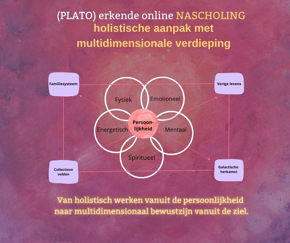 PLATO erkende online nascholing: Holistische aanpak met multidimensionale verdieping. De persoonlijkheidslagen (fysiek, emotioneel, mentaal, spiritueel, energetisch) en bewustzijnsvelden van de ziel: familiesysteem, vorige levens, collectieve velden en galactische herkomst.